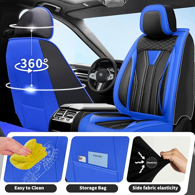 Fit Frontier Car Seat Covers Premium Leather for Nissan Frontier 2009-2025 2026. Waterproof， Breathable, Scratch-Resistant & All-Weather Seat Cushion Protector（Full Set,Blue&Black