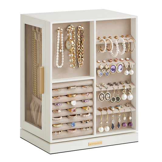 SONGMICS Jewelry Box Organizer, 360° Rotating, 5 Drawers, Cloud White