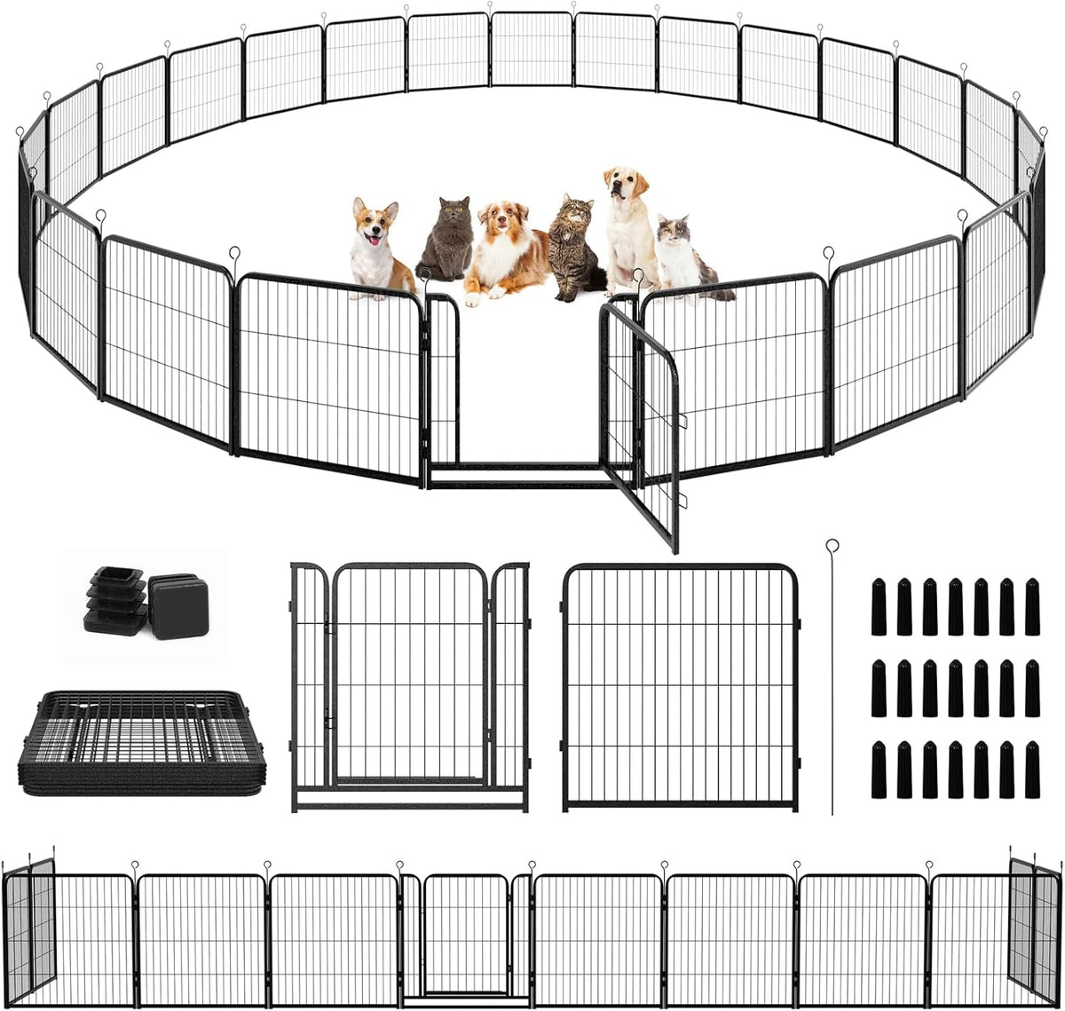 Dog Playpen Outdoor Extra Wide 24 Panels Heavy Duty Dog Fence 32" Height Anti-Rust with Doors Portable for RV Camping Yard, Total 63FT, 316 Sq.ft, Snowy Black