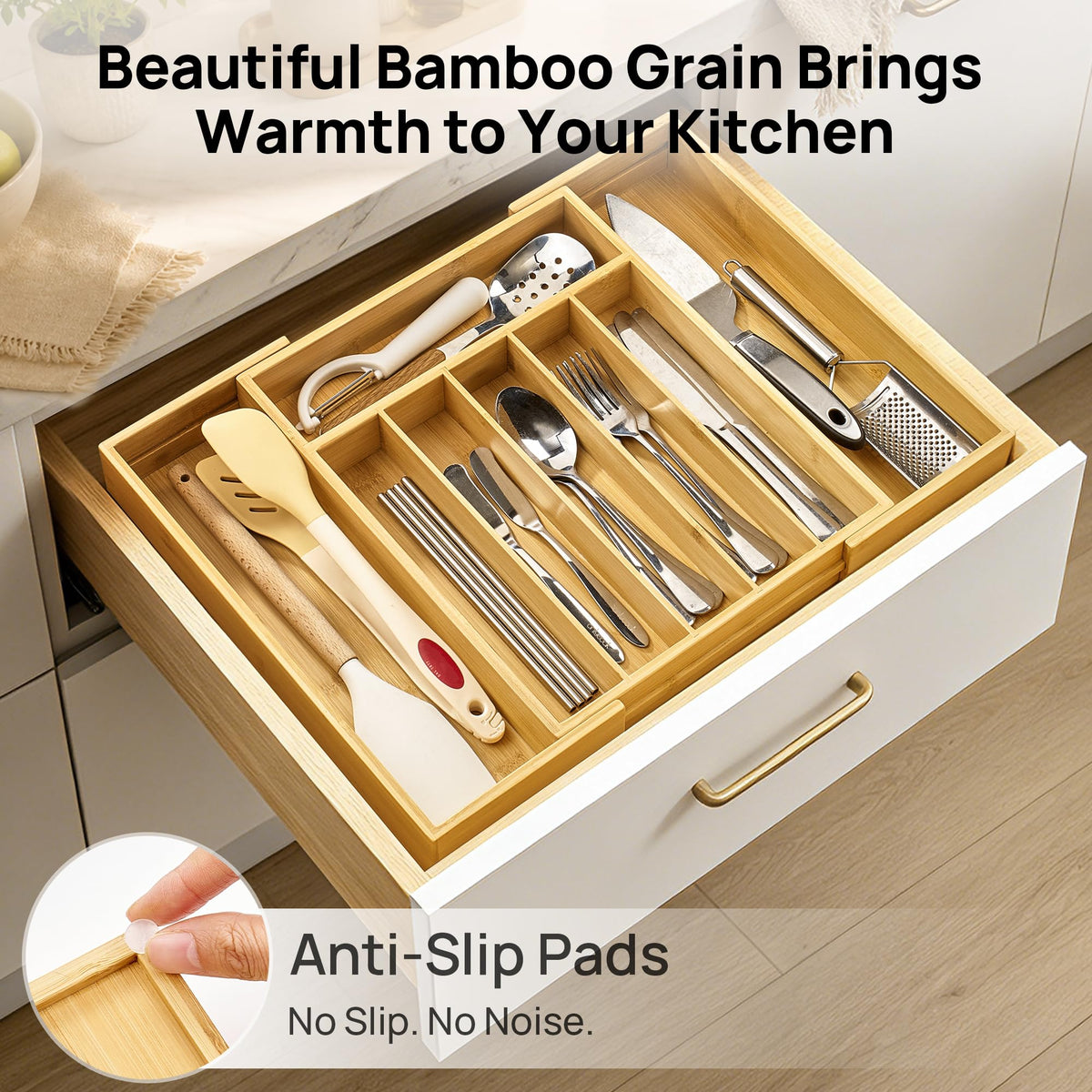 Vtopmart Expandable Bamboo Drawer Organizer for Kitchen, Adjustable Tray