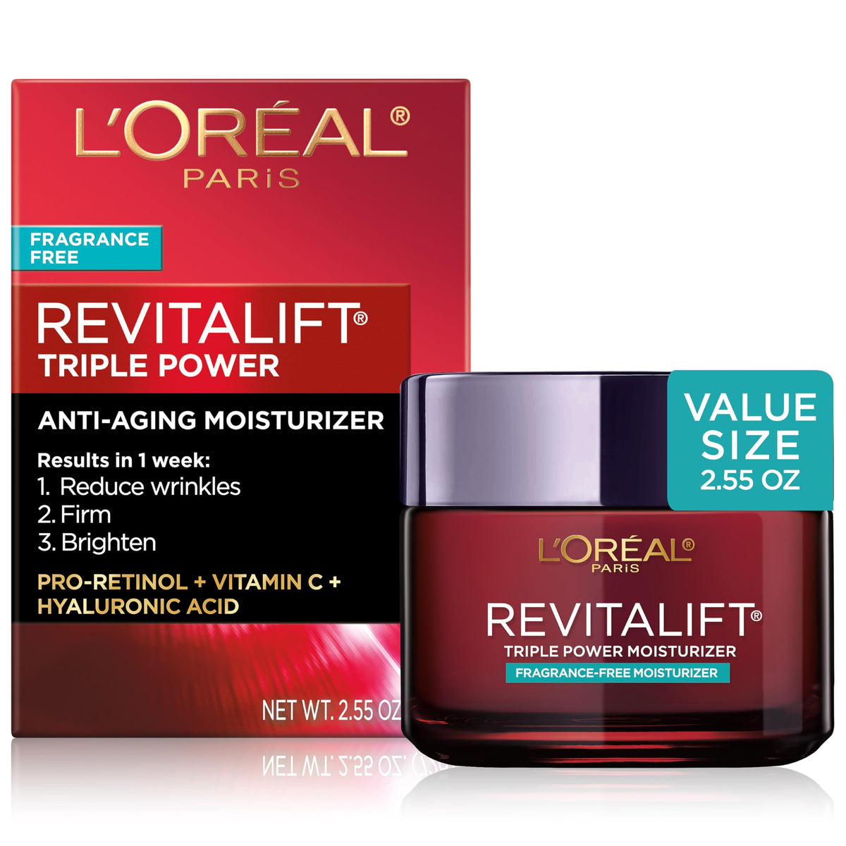 L'Oreal Paris Revitalift Triple Power Anti-Aging Face Moisturizer, Fragrance Free, 2.55 Oz, Pro Retinol & Hyaluronic Acid to Reduce Wrinkles