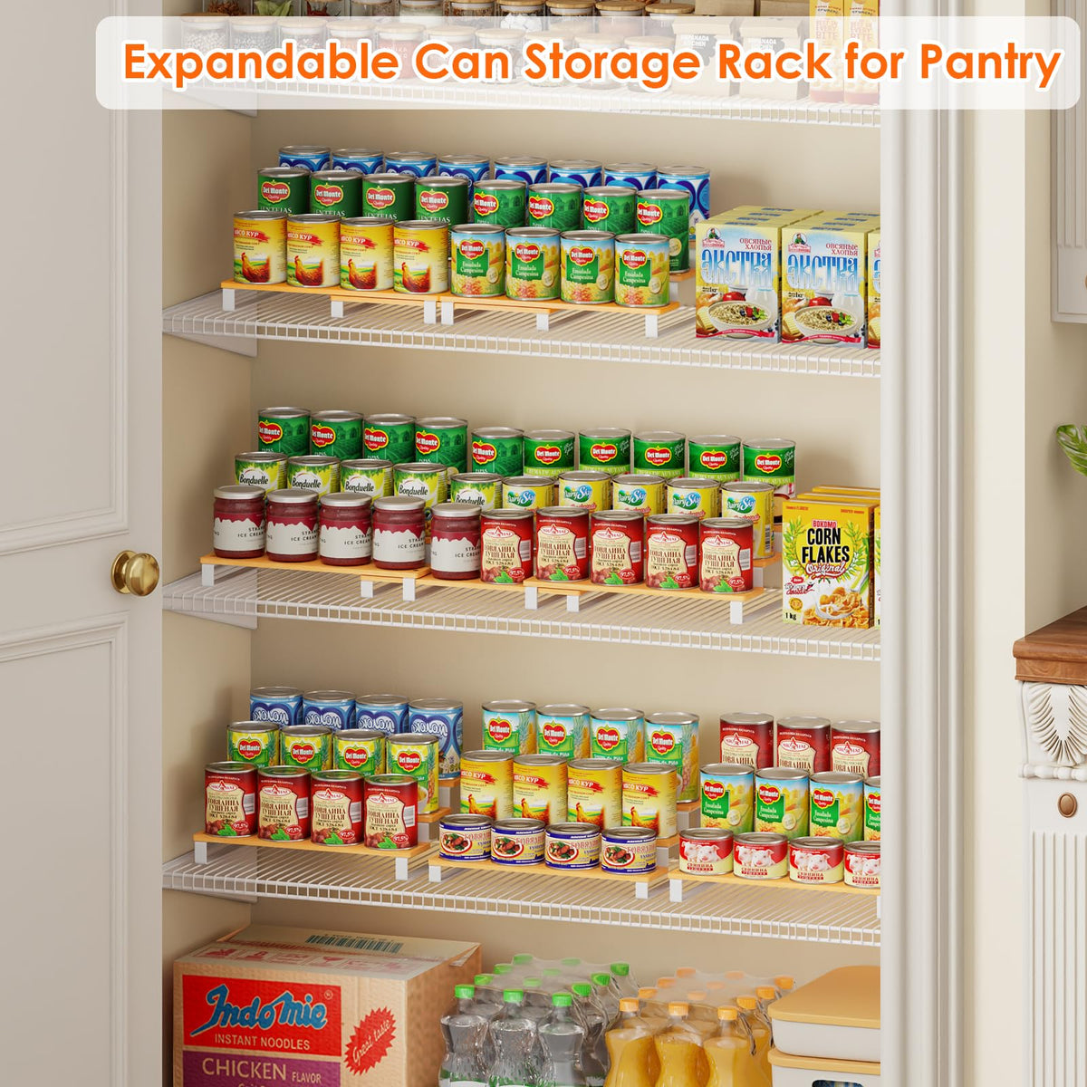 NuoyuanShen 3-Tier Expandable Iron&Bamboo Can Organizer for Pantry Holds Up to 45 Cans,Extra-long Separable Can Organizers and Storage,Can Storage Rack for Pantry Kitchen Cabinet Countertop