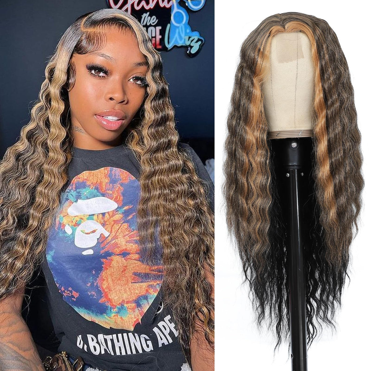 28 Inch Curly Highlight Wig Long Curly Synthetic Wigs For Black Women Light Brown Skunk Stripe Wig Side Part Loose Deep Wave Wig