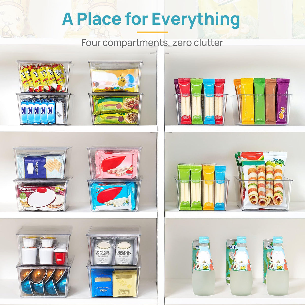 Vtopmart 4 Pack Pantry Organizer Bins with Lids, Removable Dividers