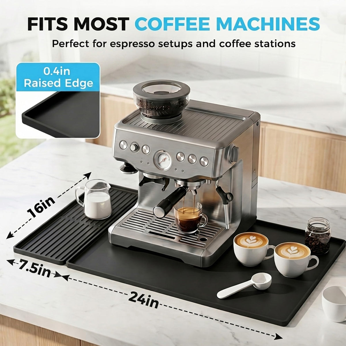 Golener Silicone Coffee Mat Set - 24" x 16" Coffee Bar Mat for Countertop, Kitchen Station Pad Accessories Fit Under Coffee Maker or Machine, Dish Drying Mat, Heat Resistant Kitchen Gadget, Black