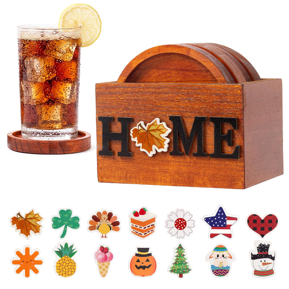 Wooden Coasters Set of 4 for Drink with Holder Table Decor