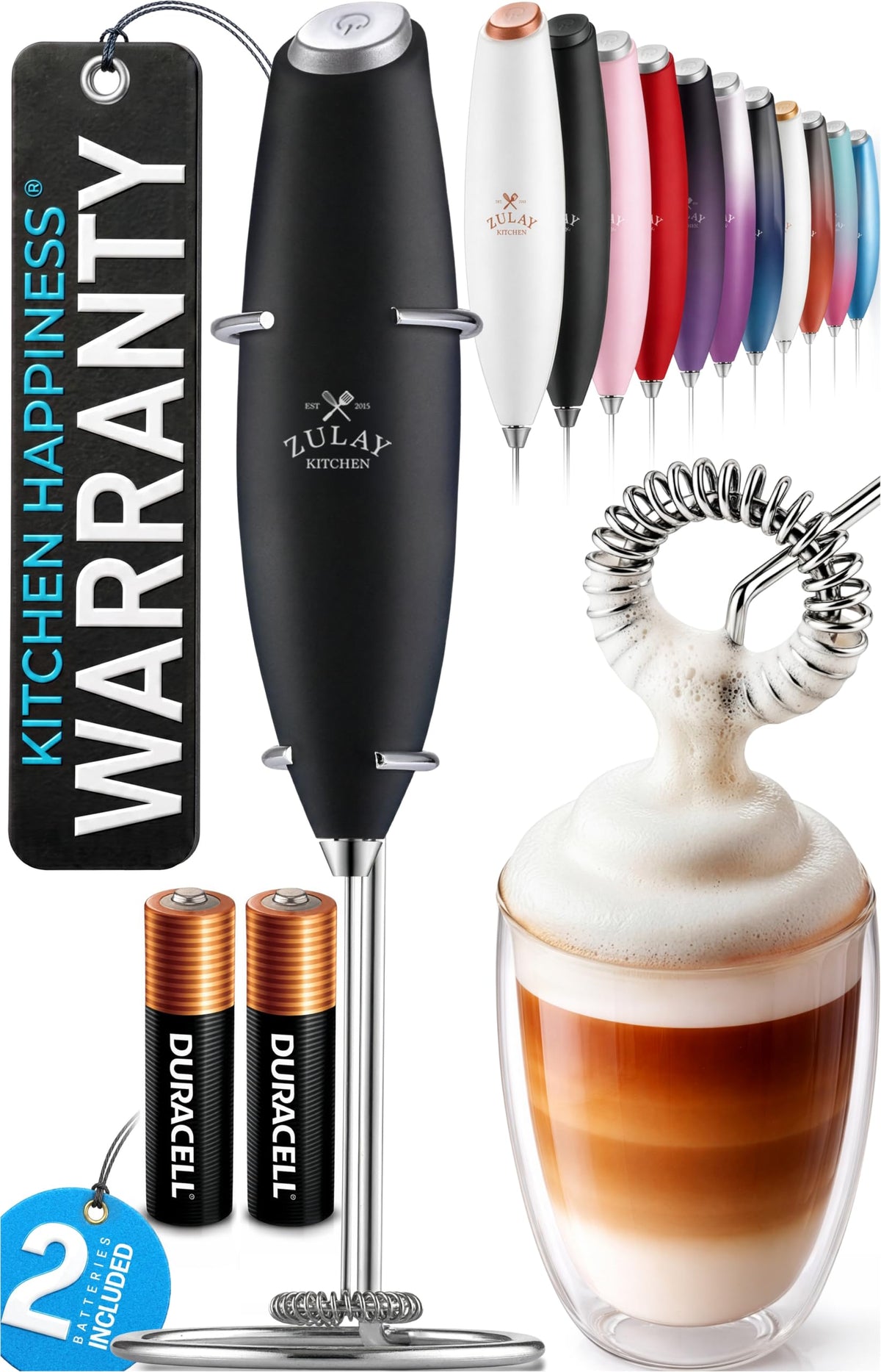 Zulay Kitchen Powerful Milk Frother Wand With Duracell Batteries - Ultra Fast Handheld Drink Mixer - Electric Whisk Foam Maker for Coffee, Lattes, Cappuccino & Matcha - Z1 Motor - Black