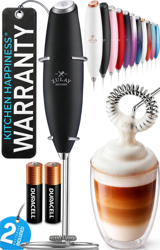 Zulay Kitchen Powerful Milk Frother Wand With Duracell Batteries - Ultra Fast Handheld Drink Mixer - Electric Whisk Foam Maker for Coffee, Lattes, Cappuccino & Matcha - Z1 Motor - Black
