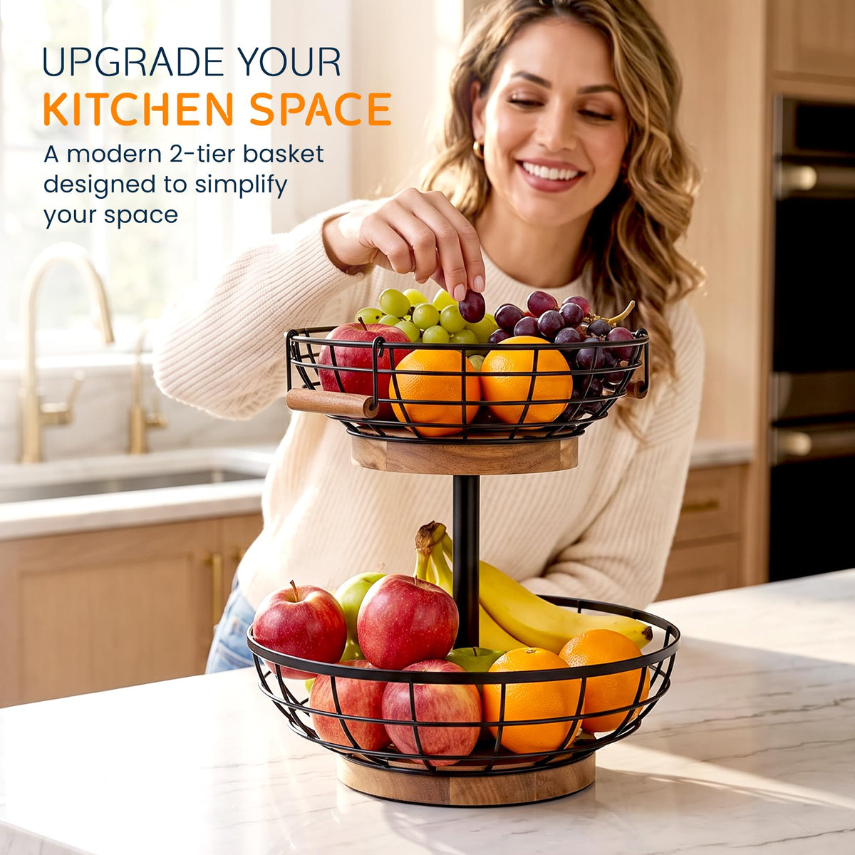 MILENTII 2 Tier Fruit Basket with Banana Hanger, Metal Fruit Bowl Stand with Wooden Base, Kitchen Counter Fruit Organizer for Vegetables, Bread, Snacks Storage Basket