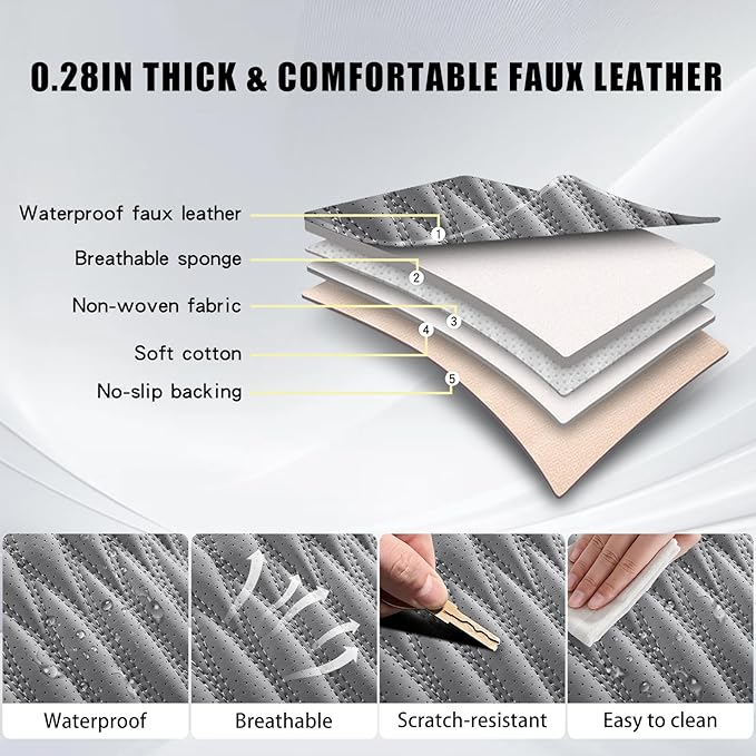 WELLDO Car Seat Covers Full Set, Leather Seat Covers for Car, Waterproof Car Seat Protector with Lumbar Support, Automotive Seat Covers Universal Fit for Most Cars SUV Truck, Gray,w02.