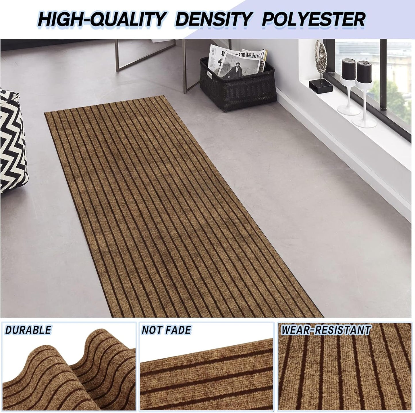 Custom Size Backed Non-Slip Area Rugs Runner, Easy Clean, Waterproof Runner Rugs for Hallway Entryway, Kitchen, Laundry, 4FT x 73FT, Brown Stripe