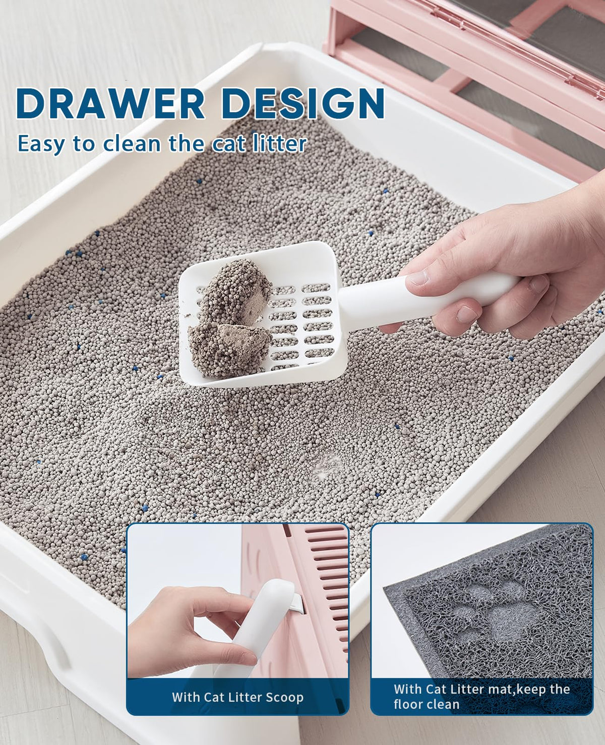 Medario Cat Litter Box with Litter Mat and Scoop(Pink)