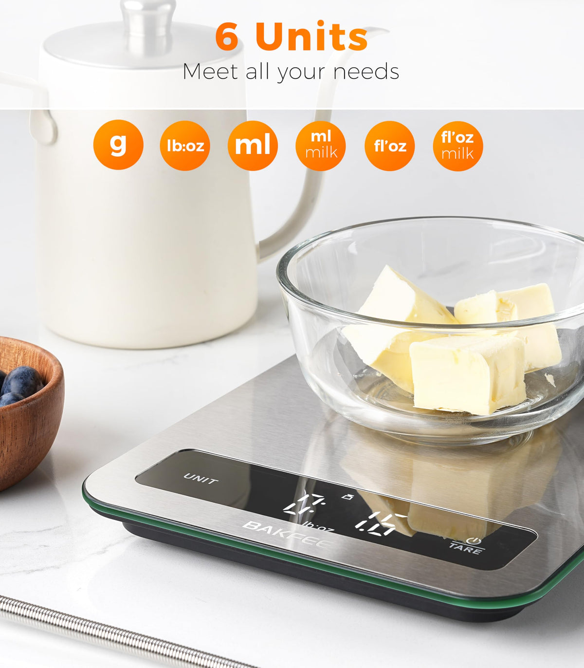 BakFee Waterproof Food Scale, 22lb Kitchen Scale, IP67, Rechargeable, Grey