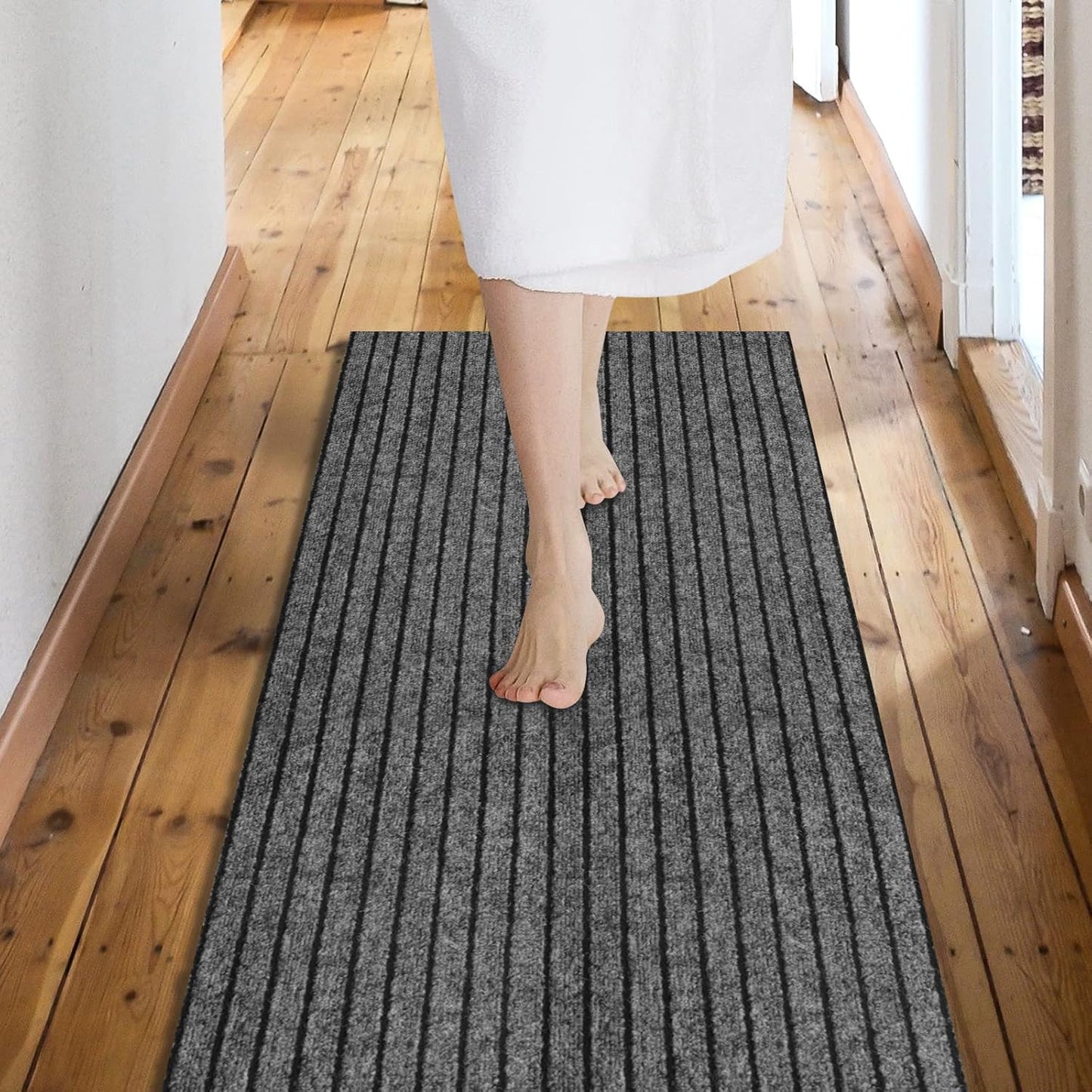Custom Size Backed Non-Slip Area Rugs Runner, Easy Clean, Waterproof Runner Rugs for Hallway Entryway, Kitchen, Laundry, 2FT x 53FT, Gray Stripe