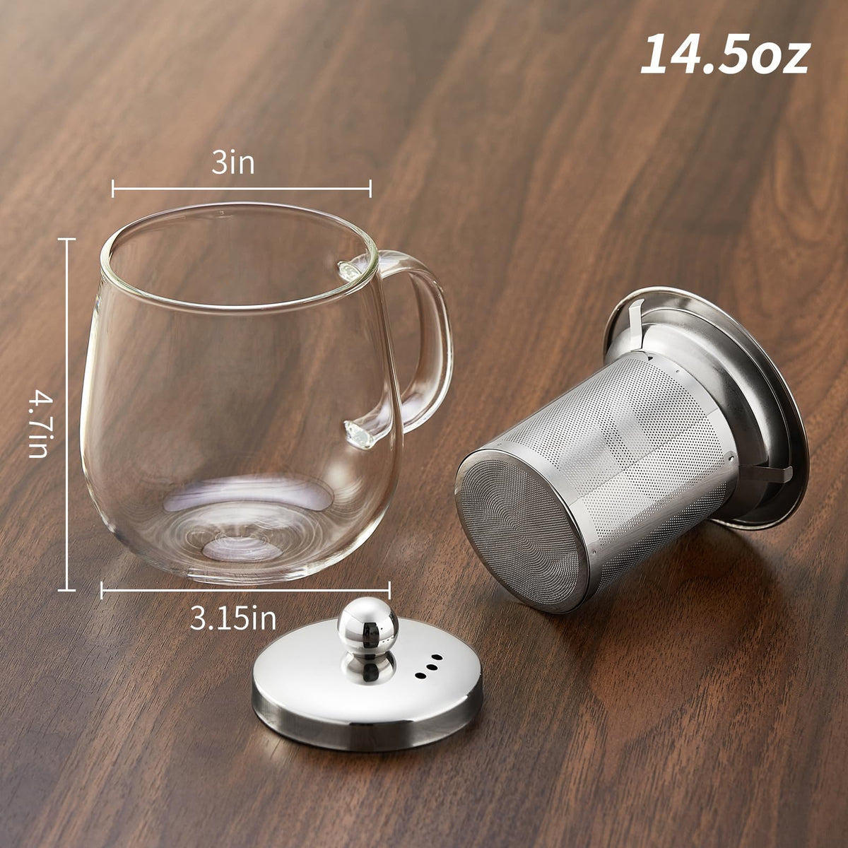DOPUDO Glass Tea Cup with Infuser and Lid, 14.5oz/450ml Large Borosilicate Glass Teacup with Stailess Steel Filter, Clear Mug for Loose Leaf Blooming Tea, Dishwasher Safe - Tea Maker Gift.