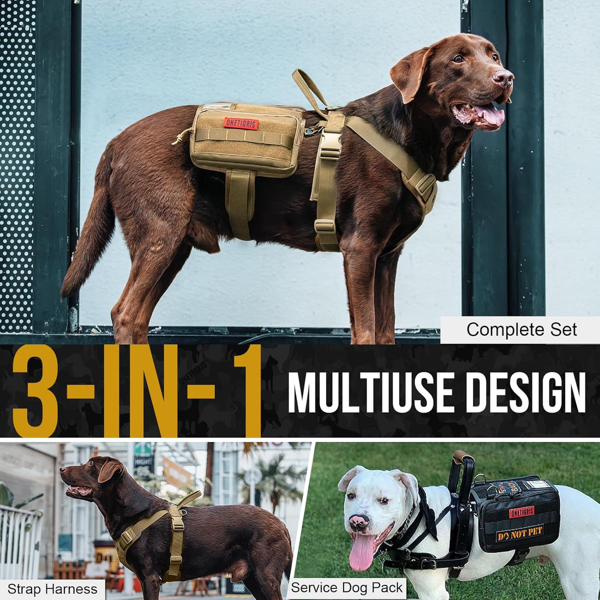 OneTigris Service Dog Vest Harness, Service Dog Cape Guardian Dog Backpack Harness with Pouches Dog Saddle Bag for Small Medium and Large Dogs (Brown, M)