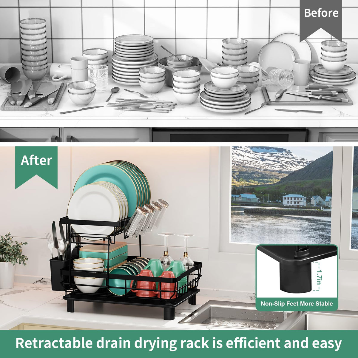 MOUKABAL 2 Tier Dish Drying Rack with Drainboard for Kitchen Counter, Black