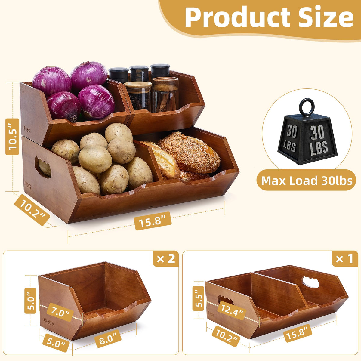 HYPIGO Wood Potato & Onion Storage Bin,2-tier Stackable Pantry Organizer