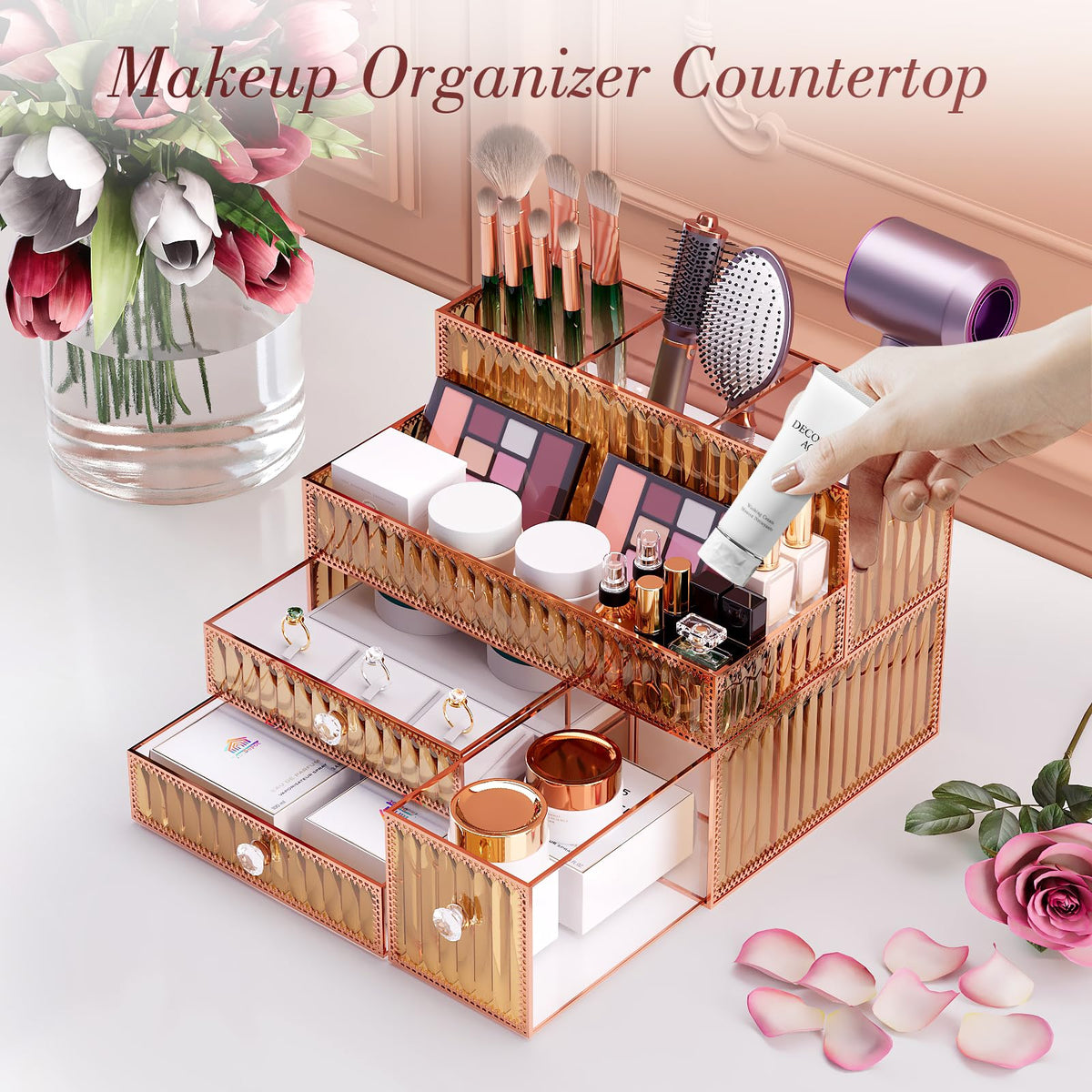 Youdepot Golden Tempered Glass Vanity Organizer for Cosmetics