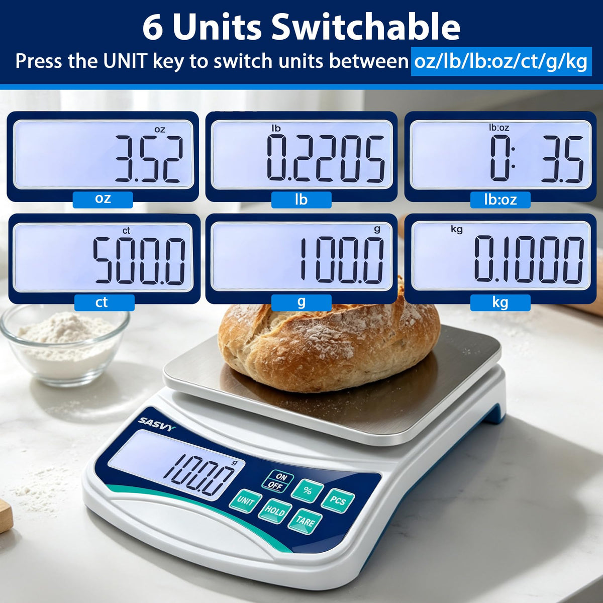 SASVY Large Kitchen Scale 0.1g High Precision, 11lb/5kg Lab Baking Scale