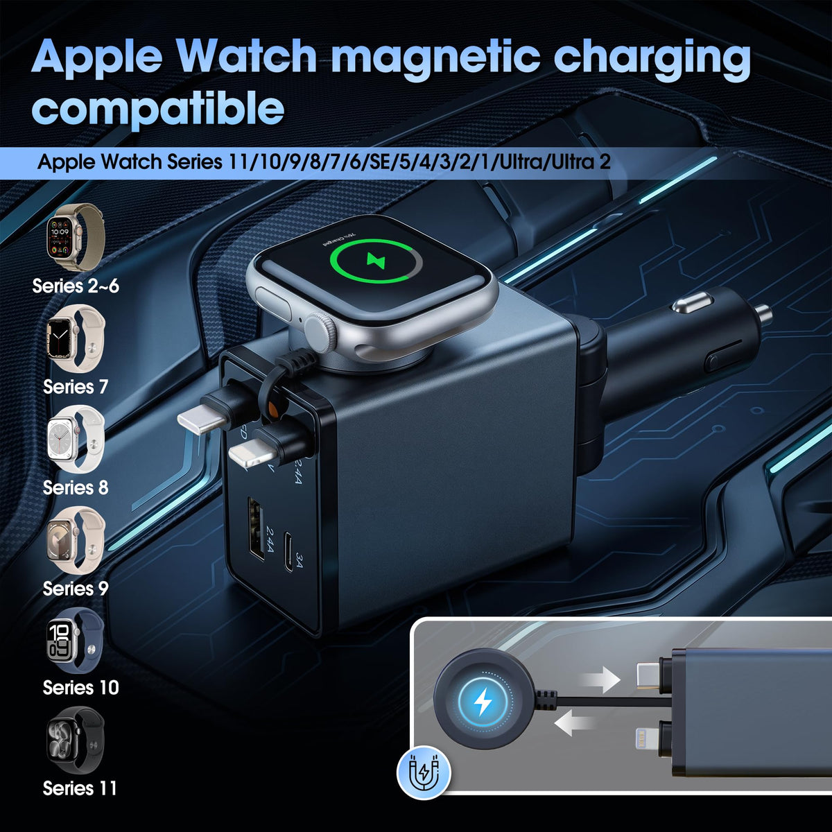 MQOUNY Retractable Car Charger, 87W USB C Fast Charge