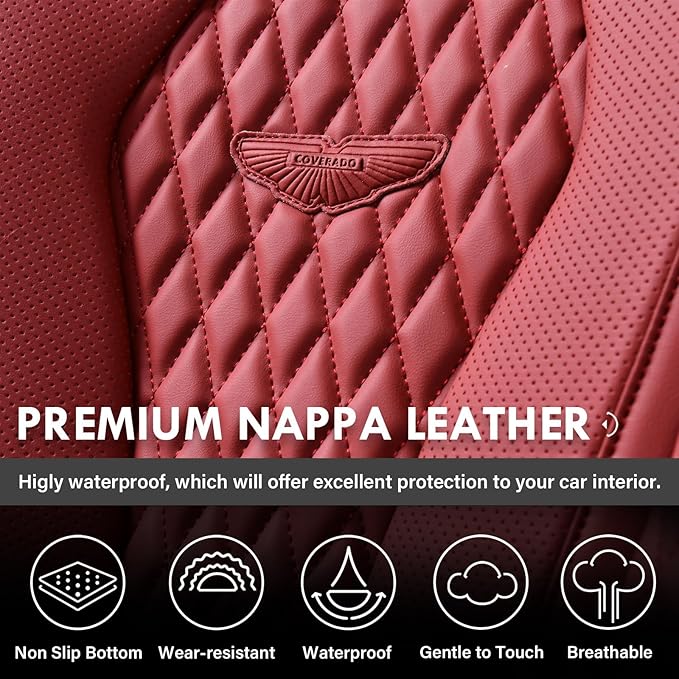 Coverado Seat Covers, Car Seat Covers Full Set, Red Car Seat Cover, Car Seat Covers Front Seats Back Seat Covers, Waterproof Car Seat Cushion, Leather Seat Protector Universal Fit Most Cars