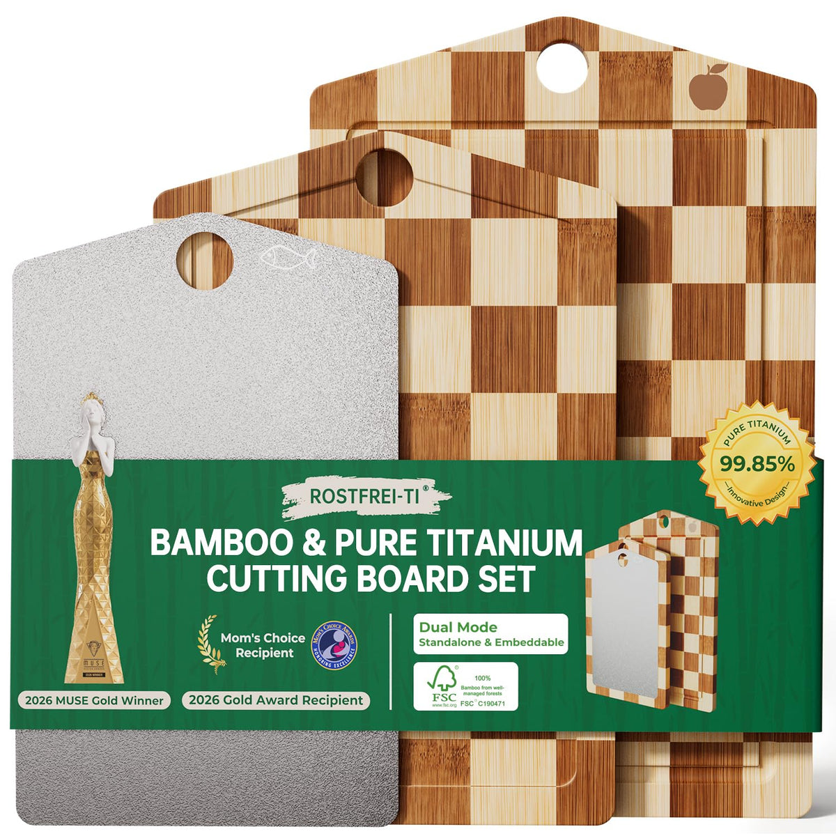 Pure Titanium Cutting Board, Bamboo Cutting Boards Set for Kitchen
