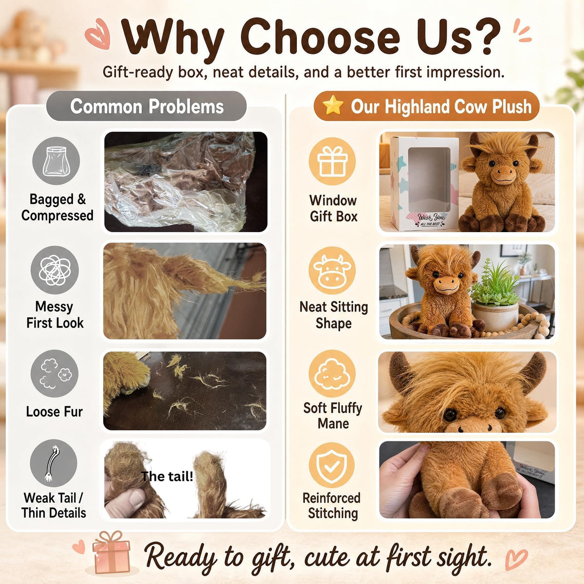 SHSEEN Highland Cow Plush, 8-Inch Brown Cow in Window Gift Box