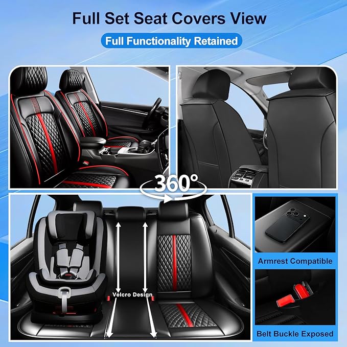 Fit Insight Car Seat Covers for Select Honda Insight 2010-2022, Premium Full Coverage Leather, Airbag Compatible & Scratch-Resistant, Waterproof All Weather Seat Protector, Full Set, Red Trim