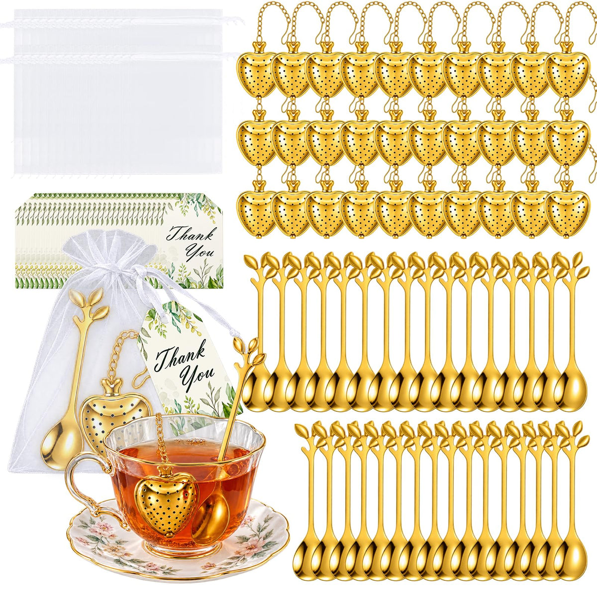30 Pack Tea Party Favors Heart Strainers Gold Leaf Spoons