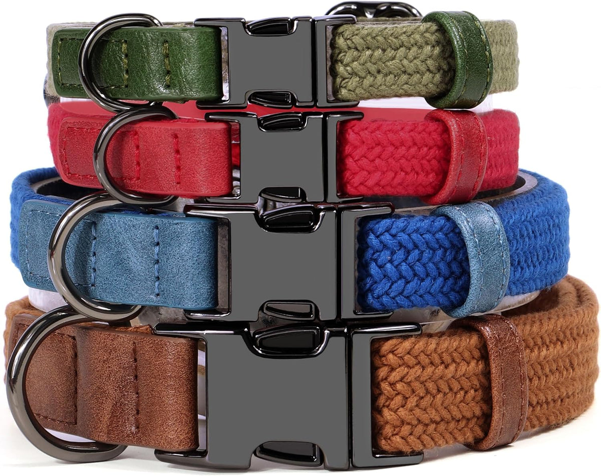 PET ARTIST Soft Cotton Dog Collar for Medium Dogs in Rustic Brown, Simple Dog Collar with Quick Release Metal Buckle & D Ring, M Size (13-21")