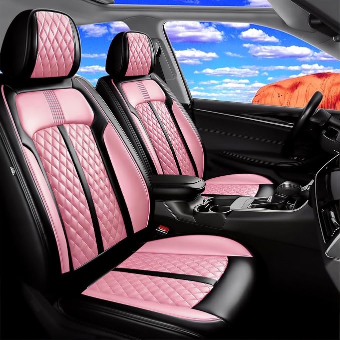 Fit Ridgeline Car Seat Covers for Select Honda Ridgeline 2007-2026 - Premium Full Coverage Leather, Airbag Compatible, Waterproof & All Weather Seat Cushion Protector, Full Set, Black+Pink