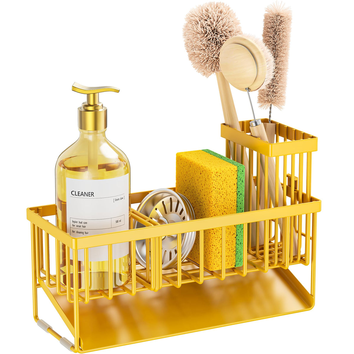 Cisily Lemon Yellow Sink Caddy Organzier with High Brush Holder, Sponge Holder for Sink, 304 Rustproof Stainless, Kitchen Countertop Soap Dispenser Organizer, Lemon Kitchen Decor and Accessories