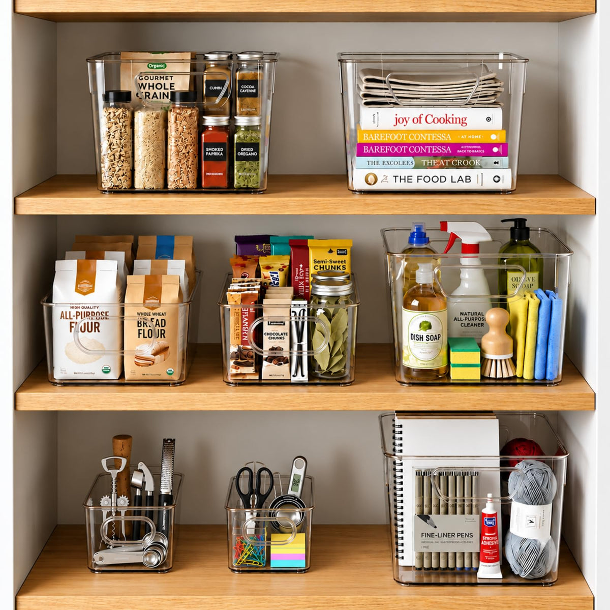 8 Pack Clear Bins for Organizing, Pantry Storage Bins, 3 Sizes: 4L+2M+2S