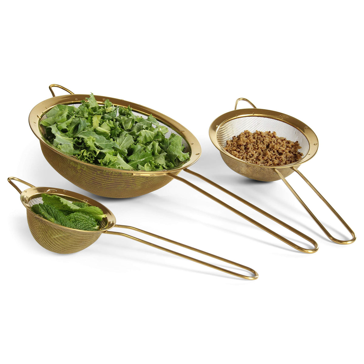 Proto Future Strainer Set Fine Mesh – Premium 304 Stainless Steel (18/8) – 8″, 5.5″ and 3.3″ Sturdy Kitchen Strainers (Gold)