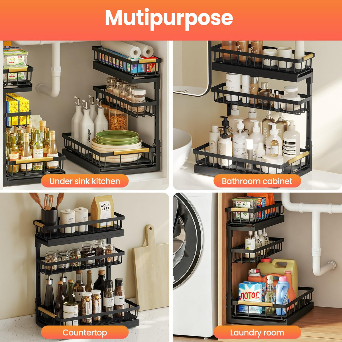 Under Sink Organizer and Storage for Bathroom and Kitchen - 2 Pack 3 Tier