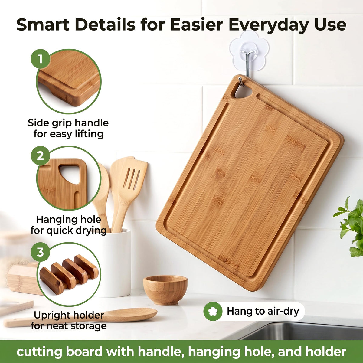 3-Piece Bamboo Cutting Board Set with Holder, Juice Groove for Kitchen Prep