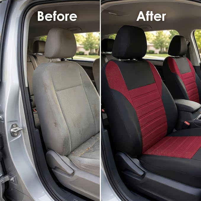 FH Group Automotive Car Seat Covers Full Set Premium 3D Air Mesh Front Seat Covers, Airbag Compatible & Split Bench Cover Universal Fit Interior Accessories for Cars Trucks and SUVs - Burgundy