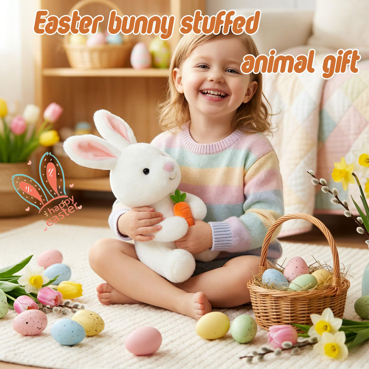 okegztoa Bunny Plushie Holding Carrot Stuffed Animal Soft Toy Foodie Vegetable Theme Easter Basket Stuffers Gifts for Baby Boy Kids Children Nursery Room Decor Holiday Spring Surprise 10.6 Inch 5.1 oz