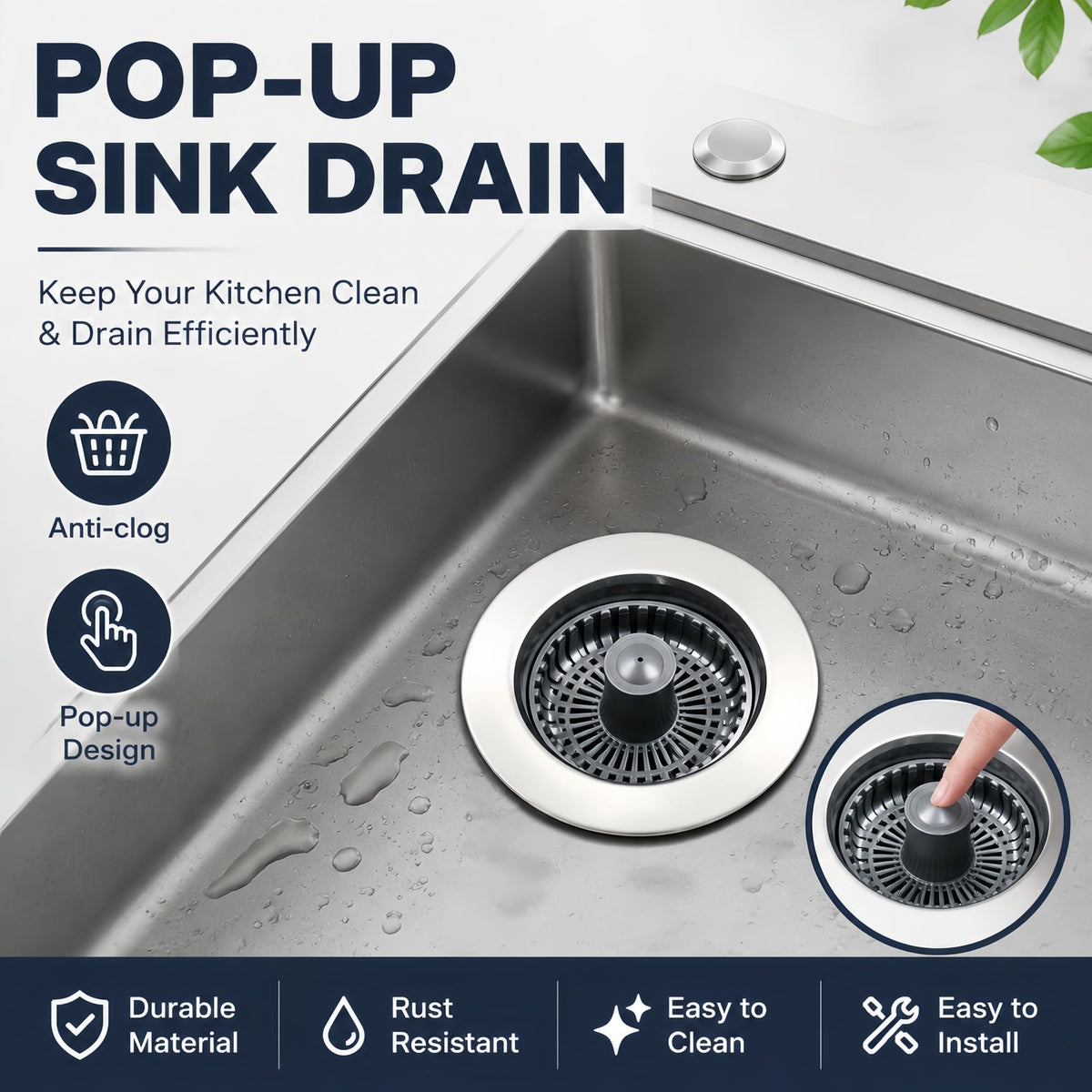 2PCS Kitchen Sink Stopper, 3-in-1 Pop Up Sinks Strainer Basket, Rust-Proof