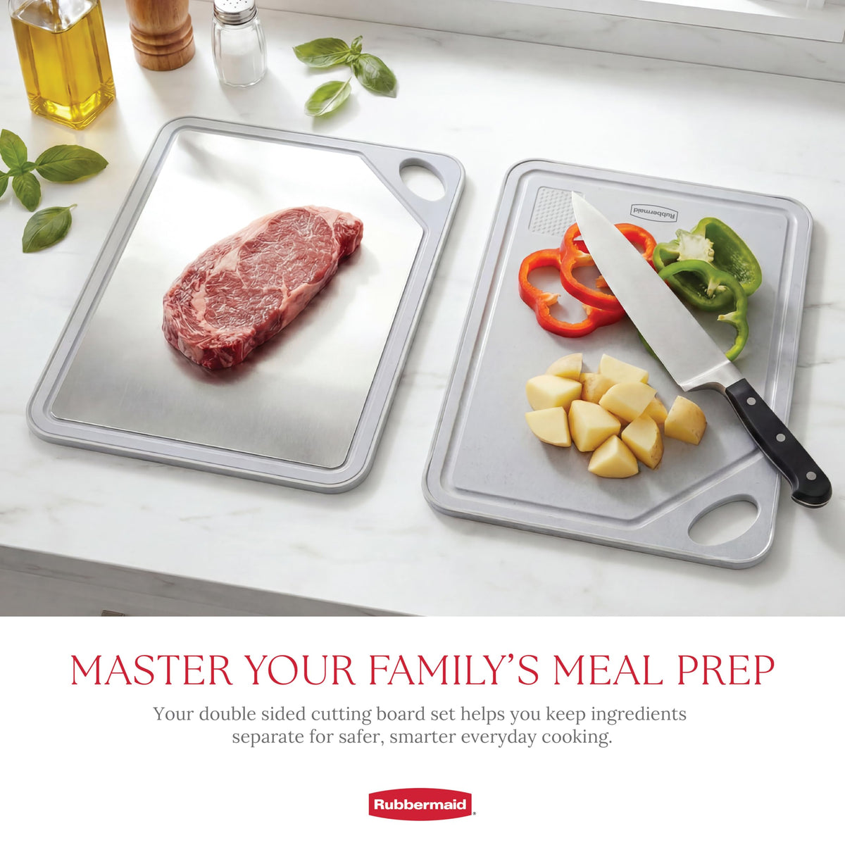 Rubbermaid Stainless Steel Cutting Board, Dishwasher Safe Double Sided Cutting Boards for Kitchen | BPA Free Non Toxic Chopping Board for Meat, Veggies & Fruits | Wheat Fiber & Steel Cutting Board