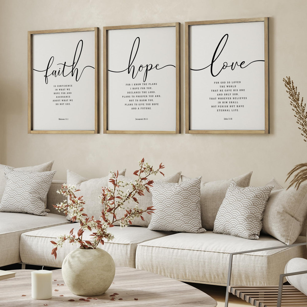 Houmury Set of 3 Framed Farmhouse Bible Verses Wall Decor Sign 11”x14” Christian Faith Scripture Wall Art for Home Bedroom Wall Decor (11"x14" Brown)