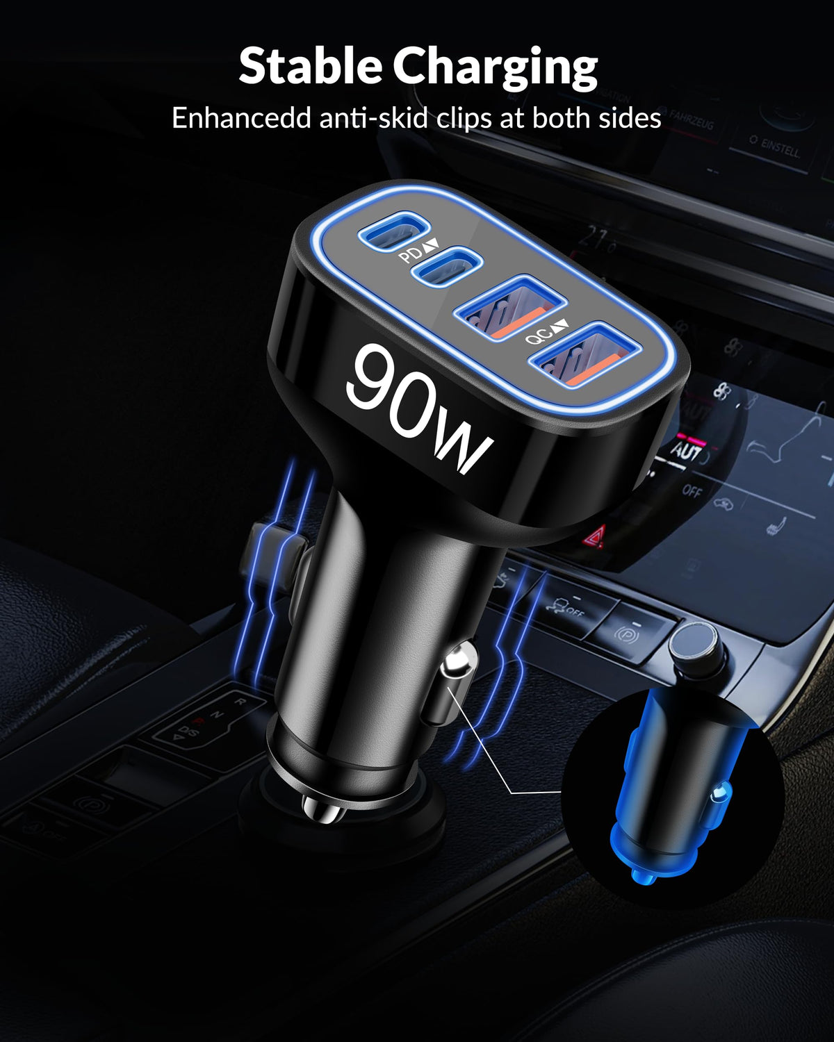 USB C Car Charger, 4-Port 90W Type C Super Fast Cigarette Lighter Adapter