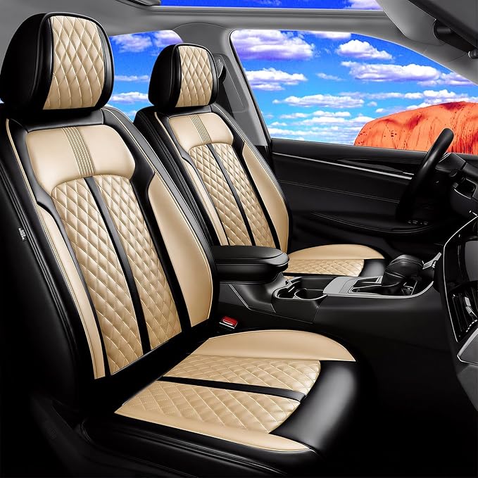 Fit Accord Car Seat Covers for Select Honda Accord 2012-2026 - Premium Full Coverage Leather, Airbag Compatible, Waterproof & All Weather Seat Protector, Front Pair Black+Beige