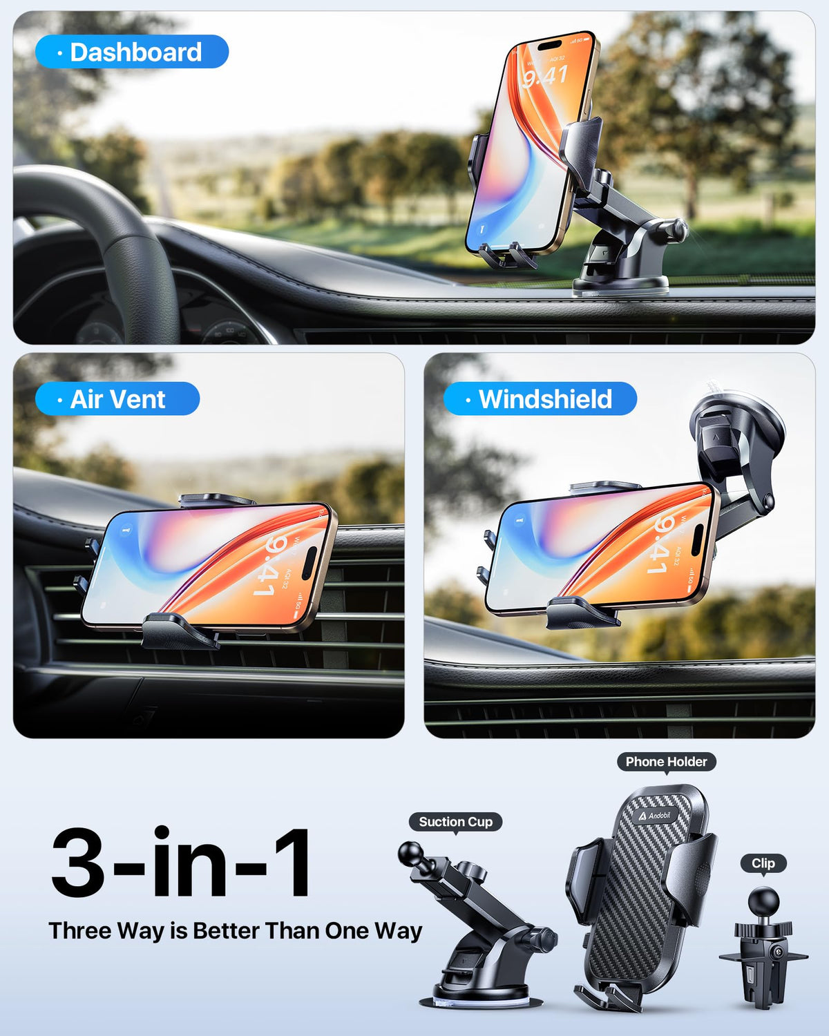 andobil Military-Grade Phone Holders for Your Car 【89+ LBS Strongest Suction & Metal Clip】 2026 Ultimate Car Phone Holder, Dashboard Windshield Vent Cell Phone Car Mount for iPhone Sumsung Android