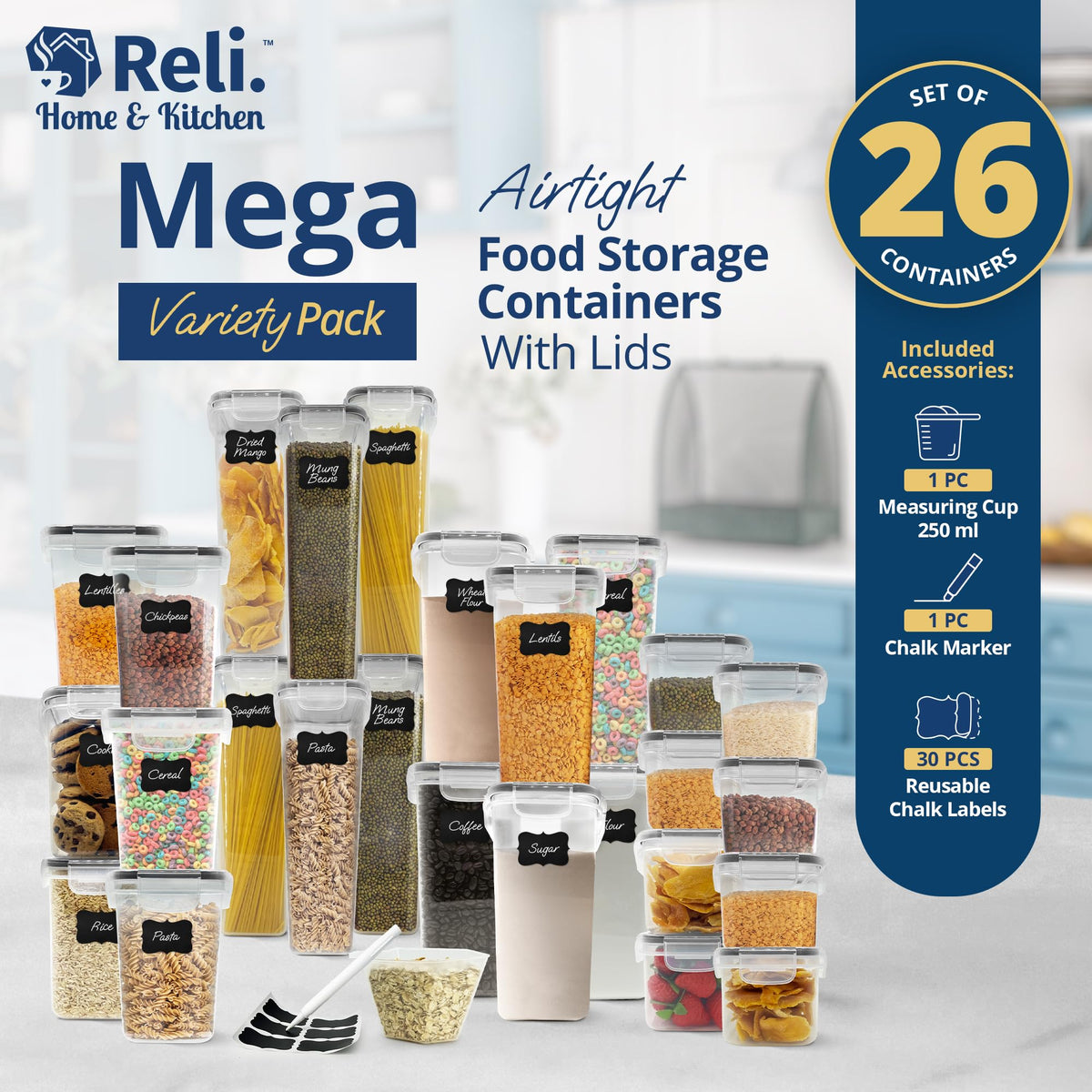 Reli. Pantry Organizers and Storage | Food Containers with Lids (26 Sets)
