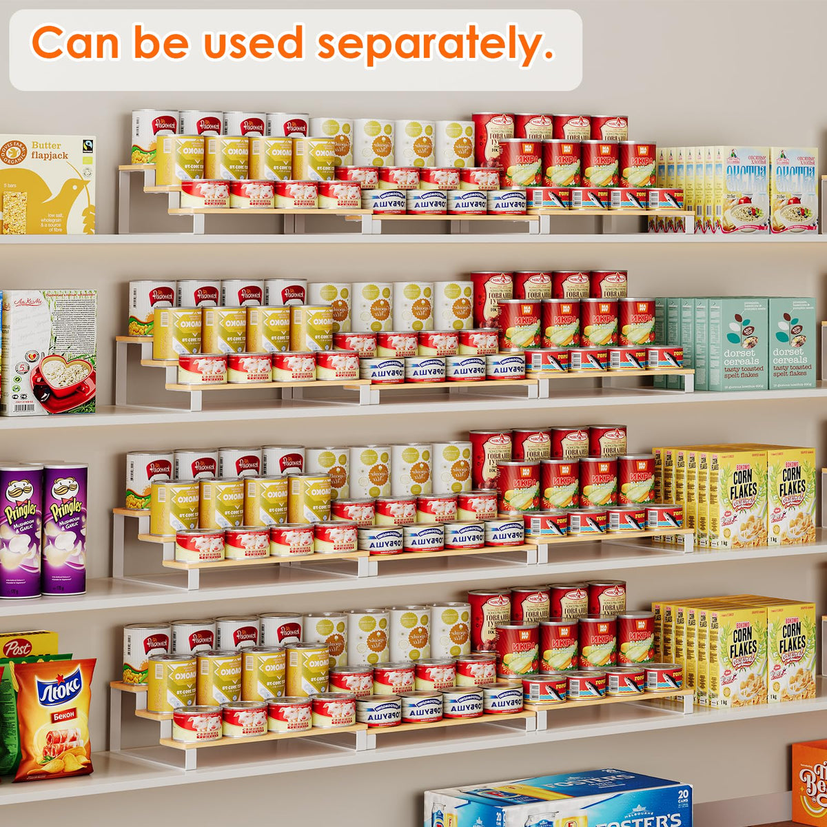 NuoyuanShen 3-Tier Expandable Iron&Bamboo Can Organizer for Pantry Holds Up to 45 Cans,Extra-long Separable Can Organizers and Storage,Can Storage Rack for Pantry Kitchen Cabinet Countertop