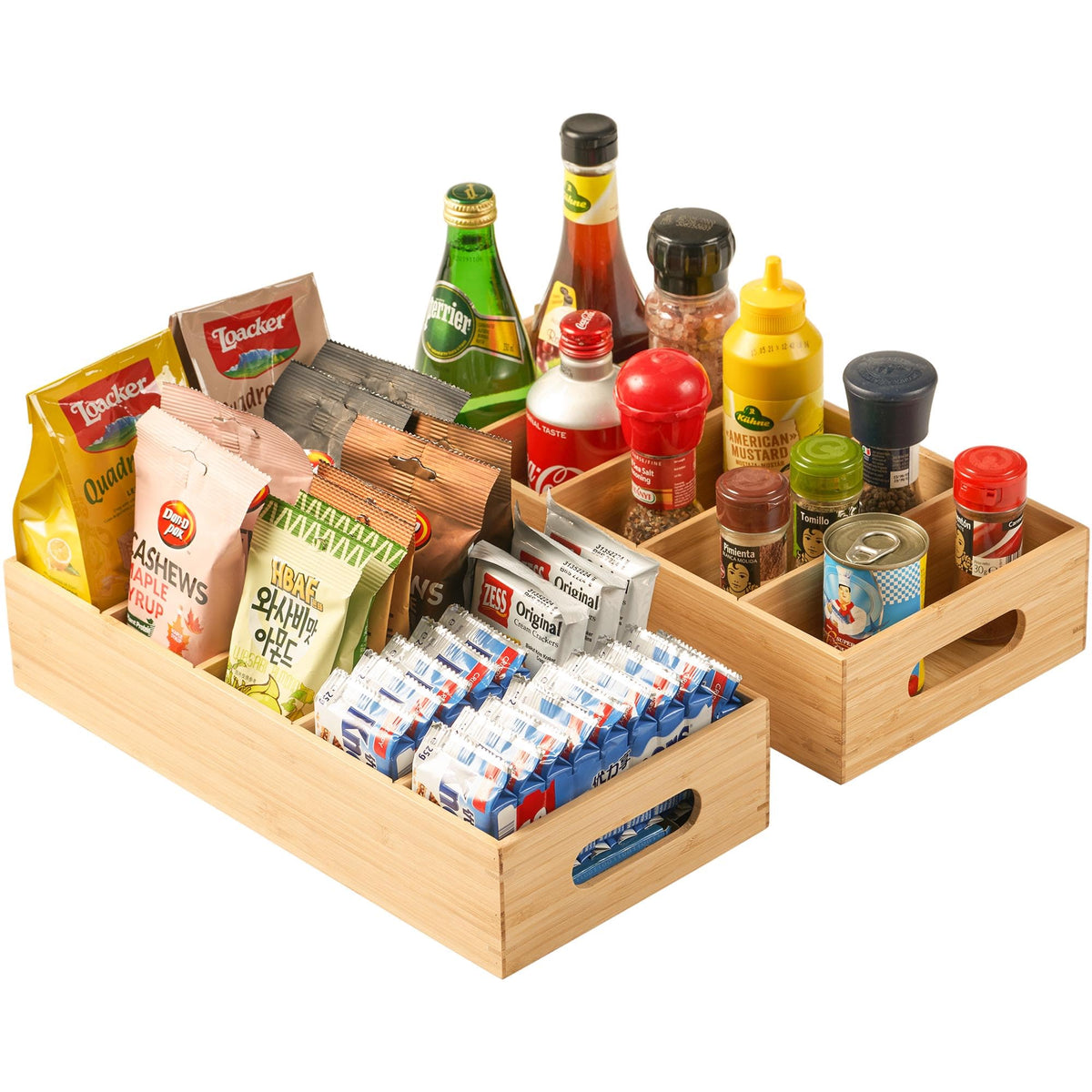 Umilife Large Bamboo Pantry Organizers and Storage Bins with Removable Dividers, Kitchen Drawer Cabinet Countertop Organization for Snack, Spice Packets, Teabags, Seasoning Pouches (2 Pack)