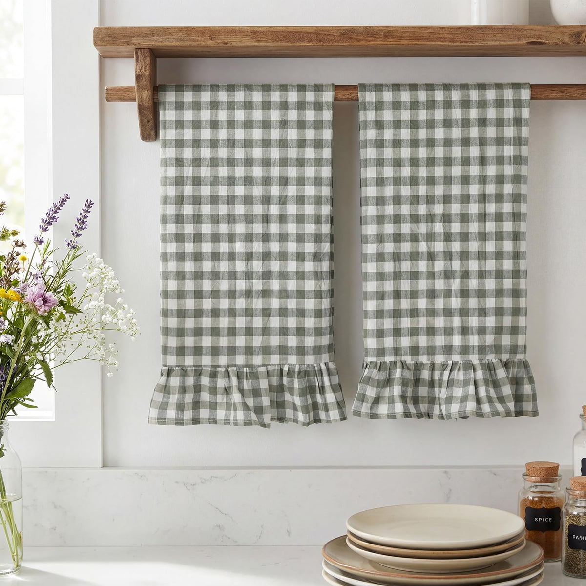 HunnmingRe 2 Pcs Sage Green Gingham Kitchen Towels Cotton Ruffled