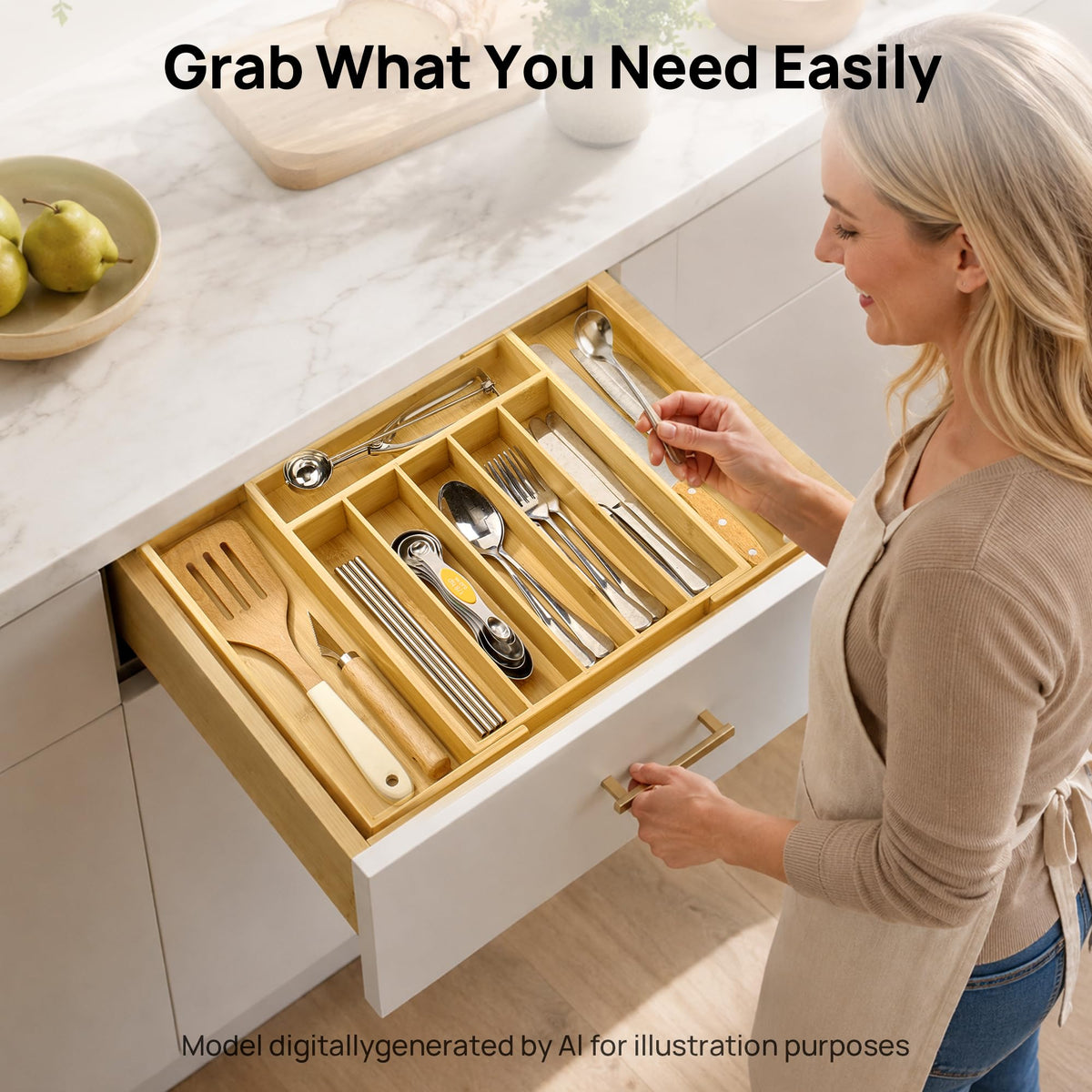 Vtopmart Expandable Bamboo Drawer Organizer for Kitchen, Adjustable Tray